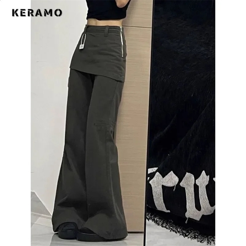 Harajuku Patchwork High Waist Flared Jeans Female Retro Green Y2K Pants Hight Street Womens Vintage Solid Color Denim Trouser 250224