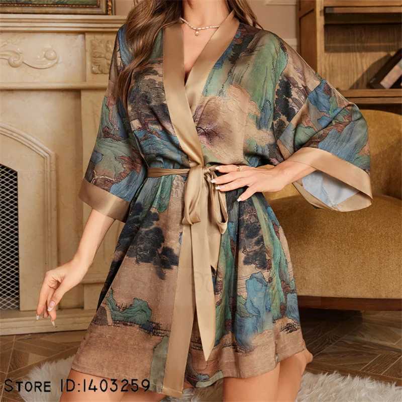 Chinese Style Print Robe Sleepwear Summer Ice Silk Kimono Bathrobe Gown Loungewear Casual Women Home Dressing Gown Nightwear Z250924