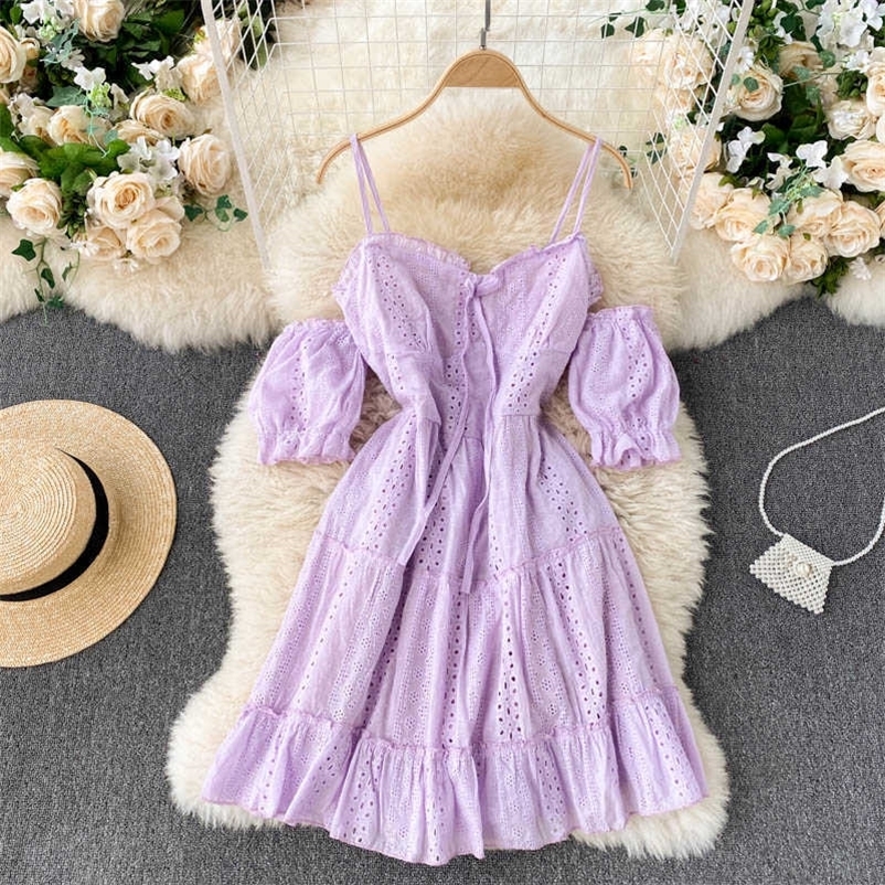 DEAT Women Hollow Out Sweet Ruffles Suspender Dress Solid Color Short Sleeve Off Shoulder Fashion Spring Summer 11B779 210709
