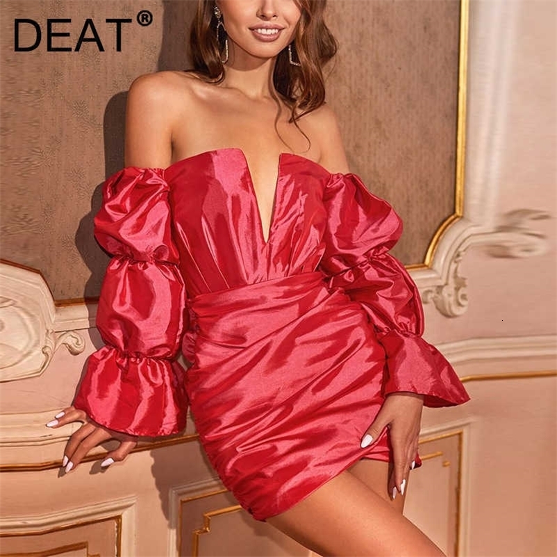 DEAT Women Slash Neck Off Shoulder Satin Dress Solid Color Long Sleeve High Waist Fashion Spring Summer 11B450 210709