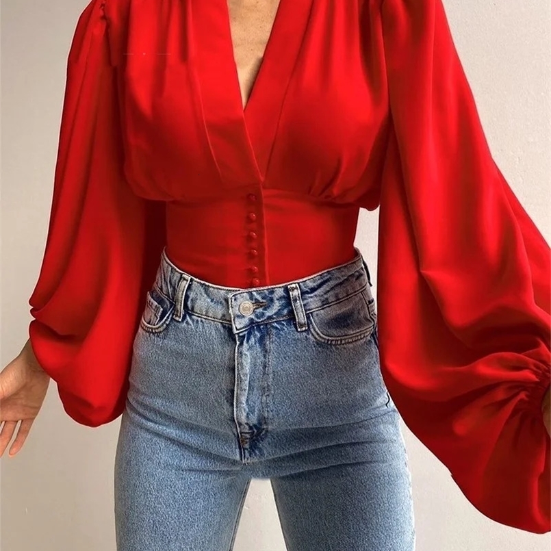 Spring Satin Womens Blouse Red Long Lantern Sleeve Button V-neck Elegant Female Shirt Spring Fashion Vintage Ladies Top 240927