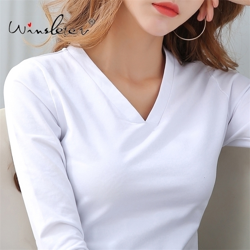 Cotton Solid Tshirt Women Vneck Long Sleeve Spring Autumn Tops Tee Casual Bottoming Plus Size S3XL T01304B 210322