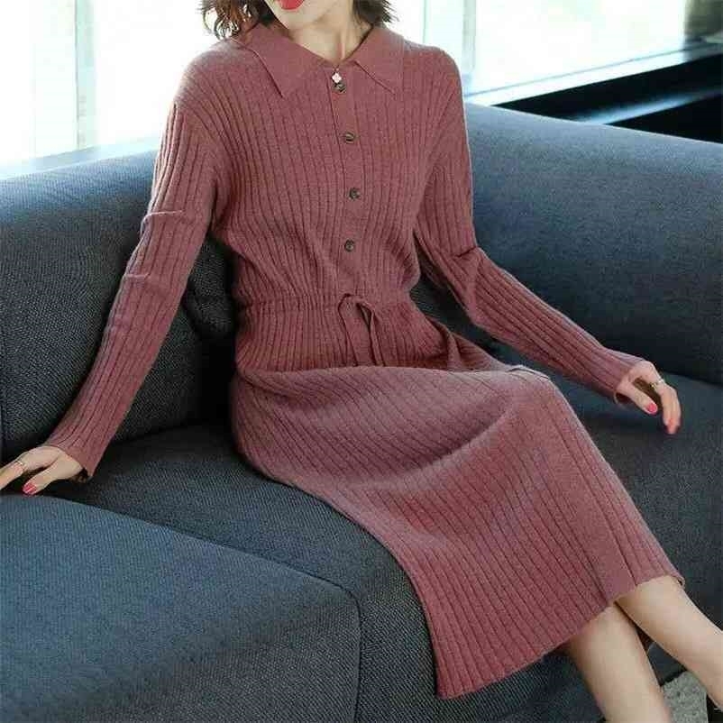 Shirt Collar Lace Up Pleated Button Patchwork Knit Dress Women Collect Waist Long Sleeve Dresses Autumn Elastic Sweaters 210522