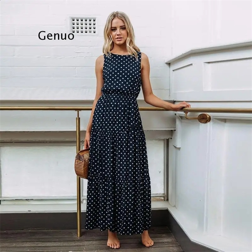 Women Summer Boho Casual Sleeveless Dress Homewear Polka-Dot Party Beach Long Maxi Navy Dress Sundress 240823