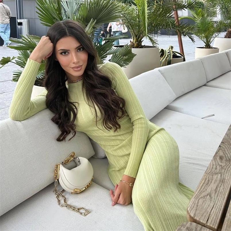 hirigin Long Sleeve Slim Knit Maxi Dress For Women High Waist Casual Fashion Elegant Party Dress Skinny Summer Female Dress 240722