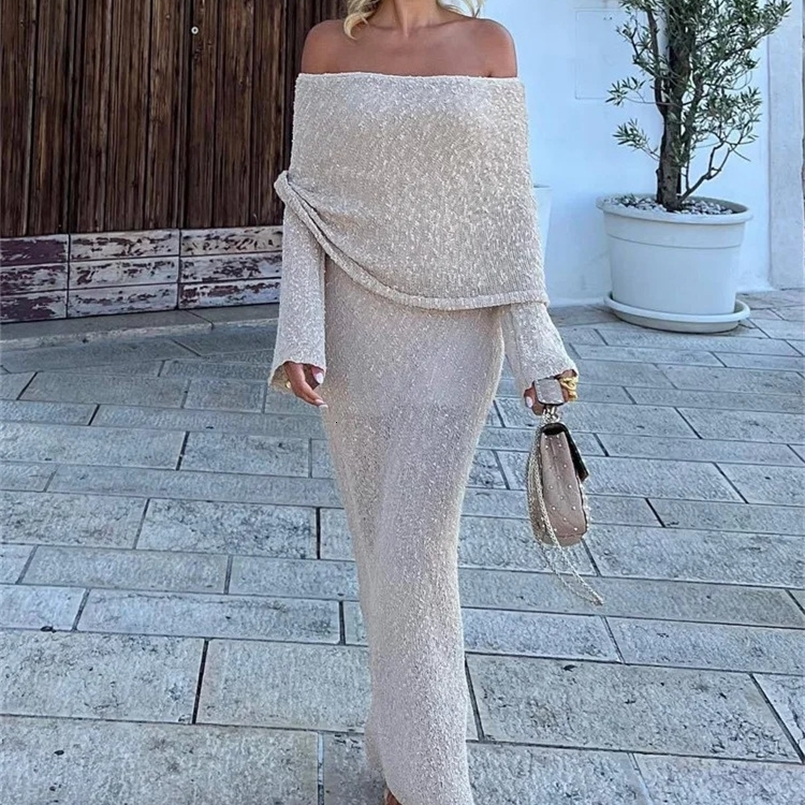 Tossy Knit Sweater Loose Maxi Dress Female Hollow Out Summer Patchwork High Waist Beach Holiday Dress Knitwear Long Dress 241031