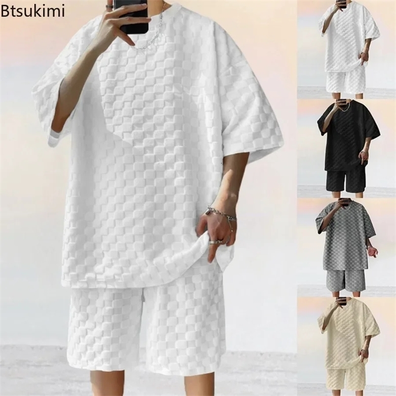 Summer Mens Clothing Fashion Jacquard Plaid 2 Piece Sets Men Solid Short Sleeve T-shirt and Casual Shorts Suit Trend Tracksuit 240529