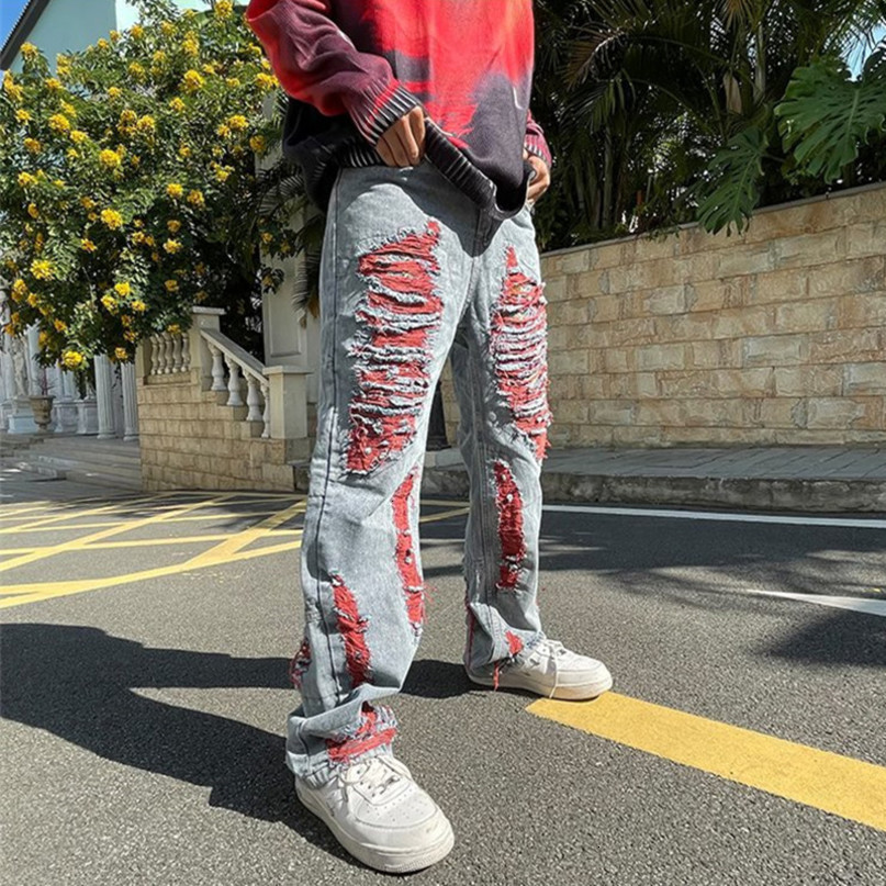 Mens jeans High Street Hole strappato punk uomini larghi grunge pantaloni dritti hip hop donne pantaloni in denim retrò pantalon hombre 230420