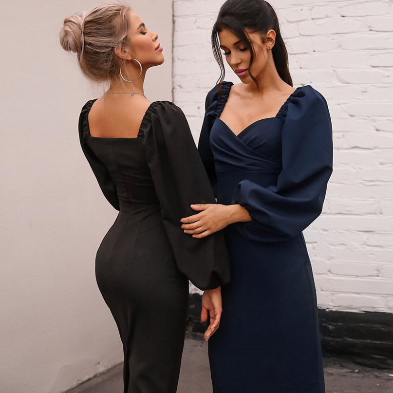 Casual Dresses Sisterlinda Retro Solid Bodycon Dress Women Puff Sleeve Sexy MidCalf Lady Clothing Party Night Club Slim Vestidos 230202