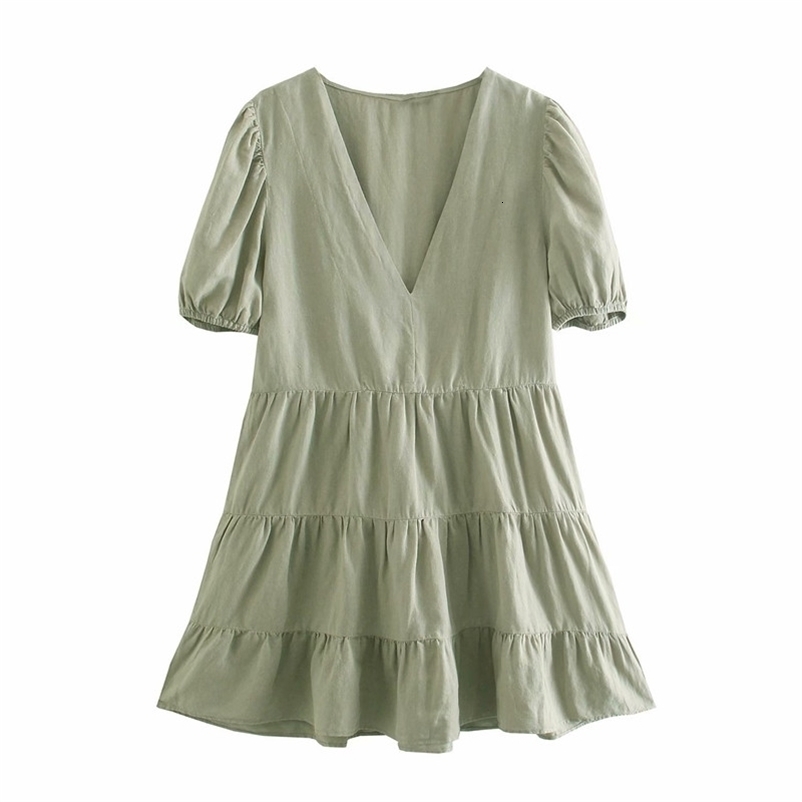 PUWD Oversize Women V Neck A-line Dress Summer Fashion Ladies College Style Loose Female Linen Solid Color Mini 210522