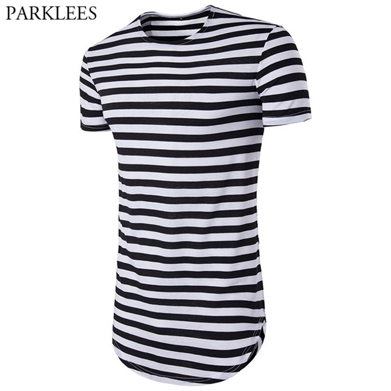 Striped Longline T Shirt Men Summer Short Sleeve Long Mens Shirts Hip Hop Hi Street ops ees Camisetas Hombre 210707