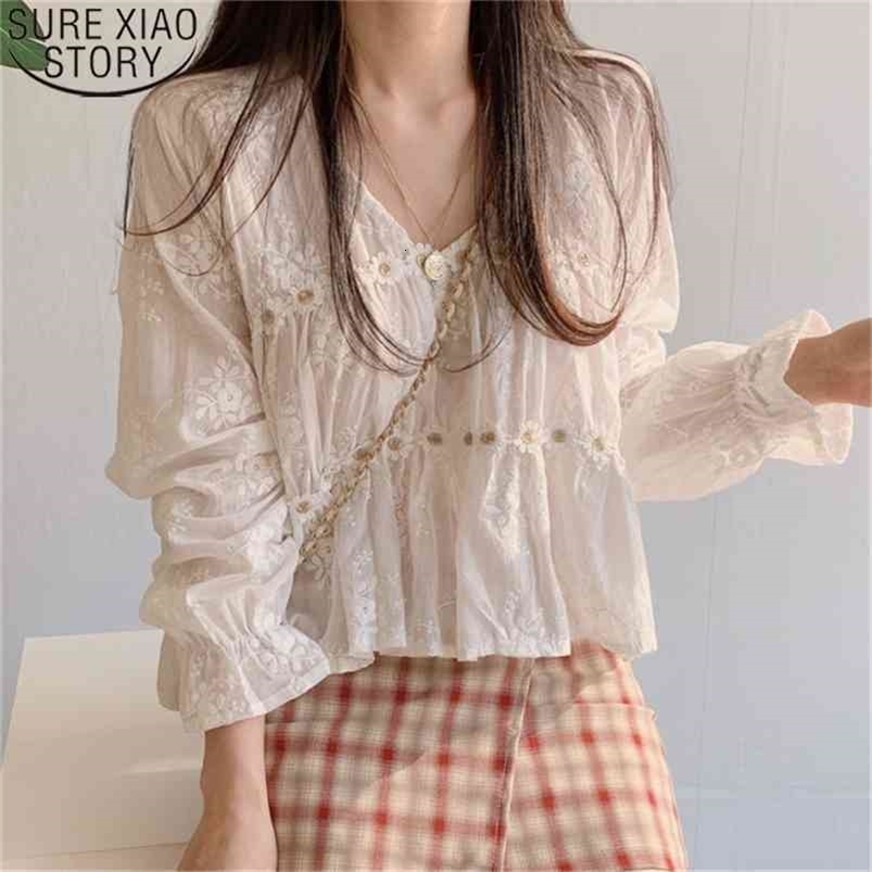 Korean Style Sweet White Blouses Women Lace Blouse Floral Shirt V-neck Flare Sleeve Ladies Tops Blusas Mujer 13037 210506