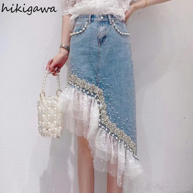 Denim Skirt Women Patchwork Lace Sweet Jupe Faldas Mujer De Moda Fashion Irregular Beading Summer Saia Bodycon Y2k Skirts 240516