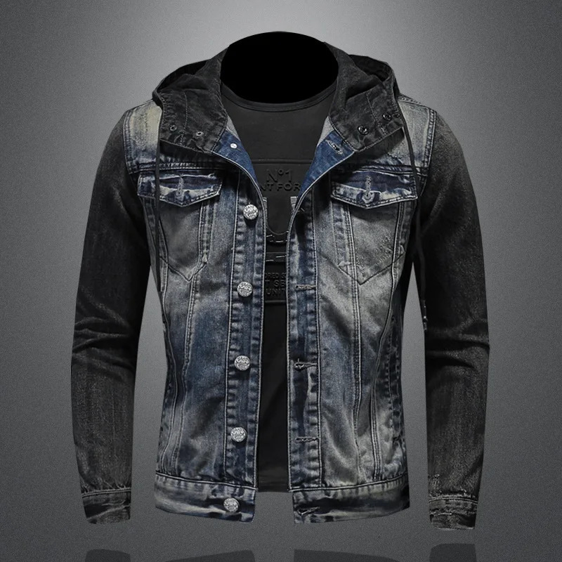 Men Spliced Hooded Washed Denim Jacket Long Sleeve Cardigan Single Breasted Outerwear Loose Coats Pockets High Street Button 250917Z