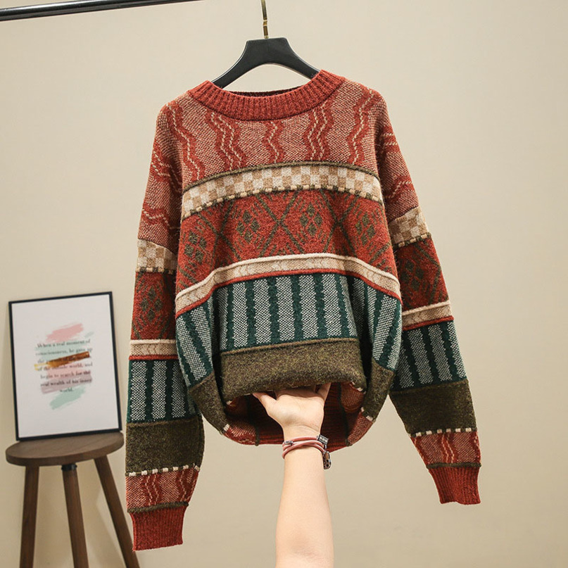 Autumn Winter Women's Sweater Nordic Style Round Neck Retro Jacquard Pullover Sweater New Loose Casual Knitted Sweaters LL298 210218