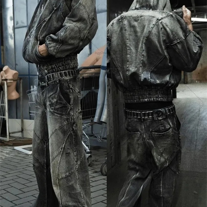 Y2k Fashion American Tassel Black And Gray Washed Jeans Men Street Gothic Punk Style Teenagers Retro Loose Wide-leg Pants 240318