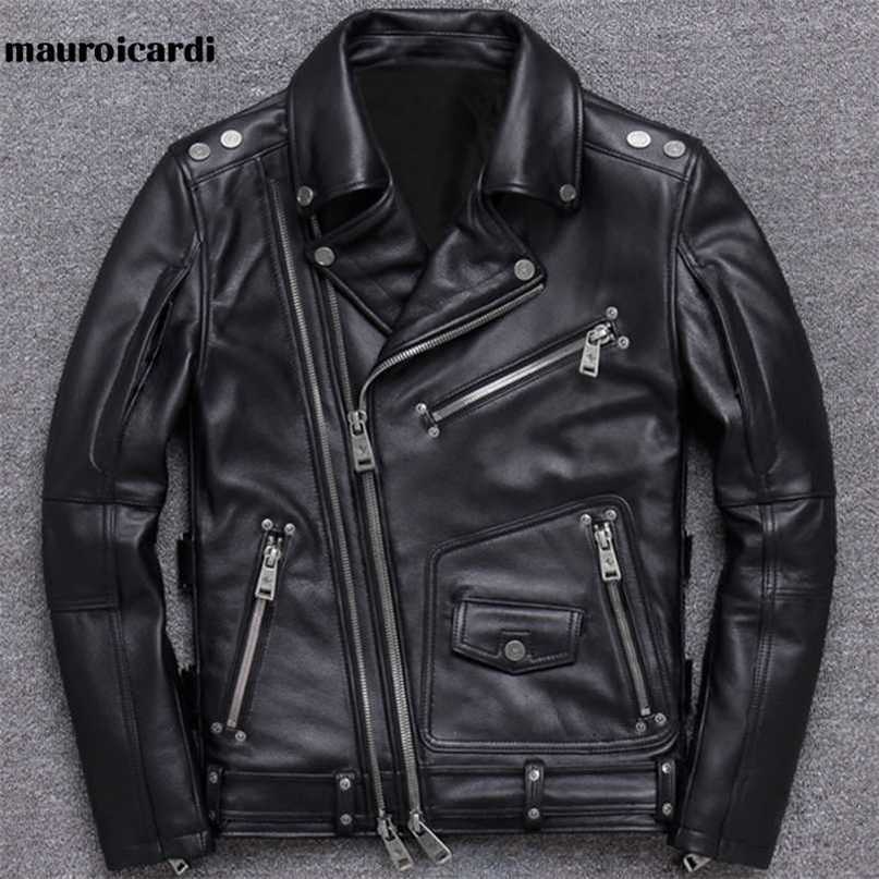 Mauroicardi Spring Black Leather Motorcycle Jacket for Men Style Long Sleeve Zipper Pockets Mens Leather Jackets and Coats 211222