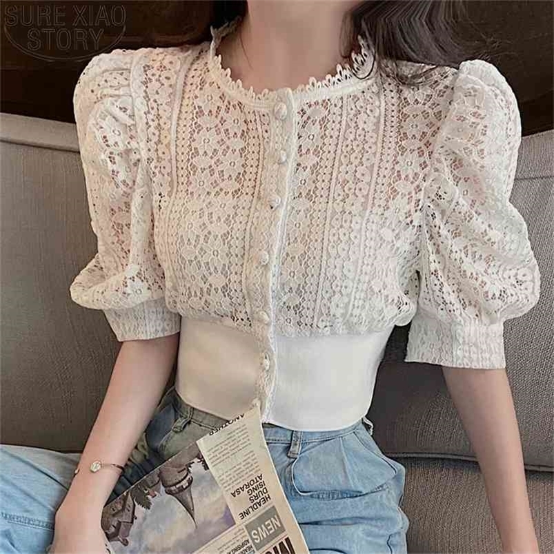 Sext White Lace Blouses Women Tops Hollow Out Stand Collar Korean Summer Short Sleeve Loose Shirts Solid Ladies 13607 210506