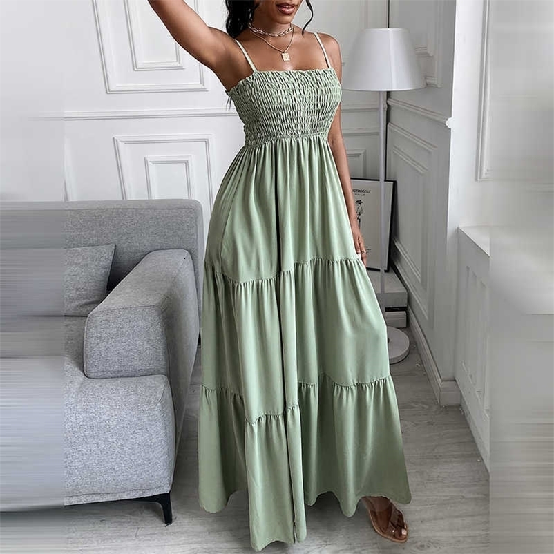 Women Elegant Casual Loose fit Solid Color Maxi Dresses Lady Ruhced Spaghetti Strap Long Dress 210716