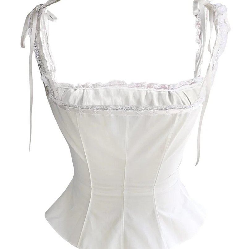 Women Spaghetti Strap Camisole Summer Sleeveless Backless Tank Tops Lace Trim Tie-Up Button Vest Y2k Crop Top 240805