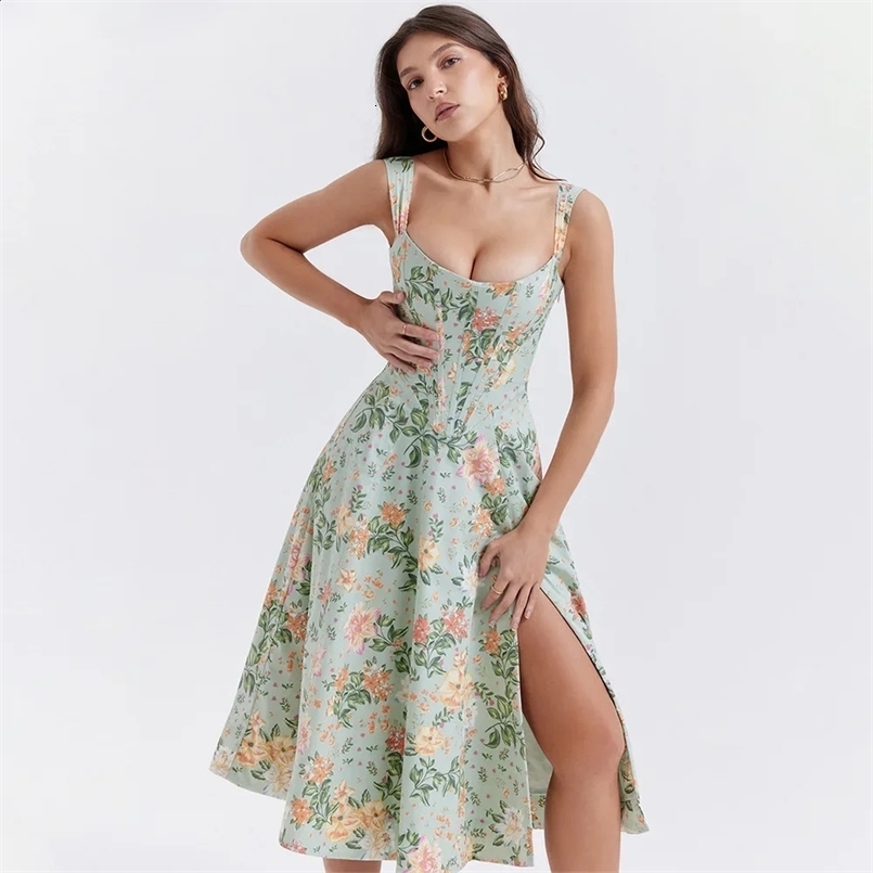 Robe d'été Suninheart Femmes Green Lace Up Floral Print Robe Élégante avec une robe de vacances décontractée décontractée de haute qualité 240823