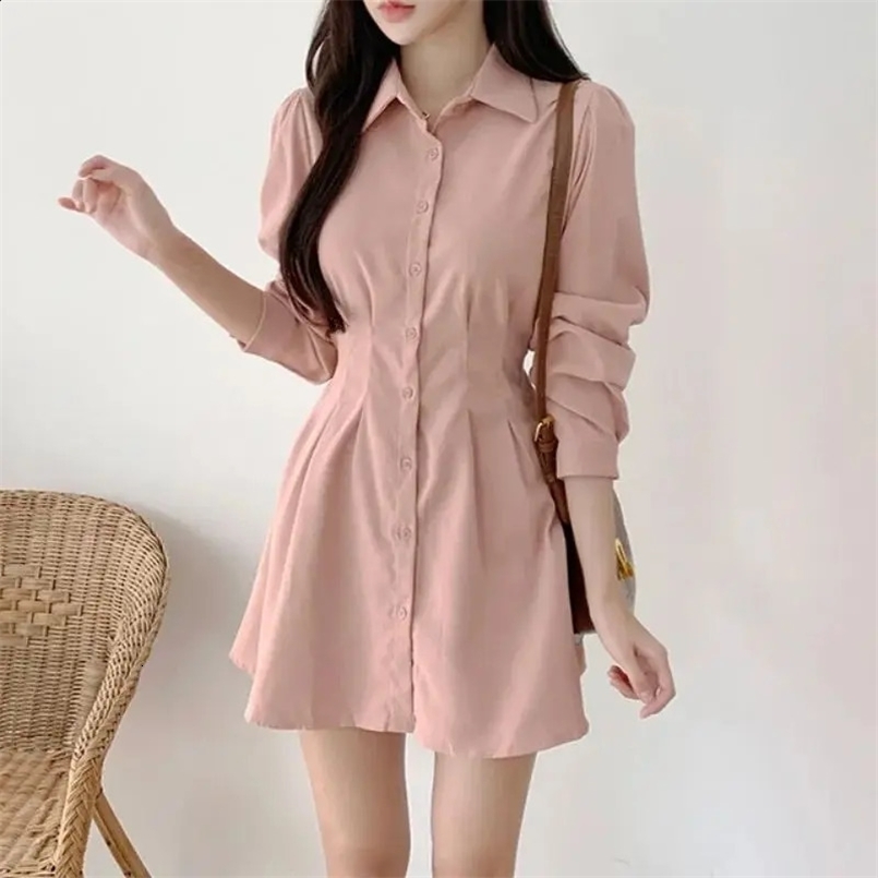 Korean Chic Fashon Slim Mini Long Sleeve Dress Womens Spring Autumn Elegant Casual Polo Shirt Dresses Solid Clothing 240802