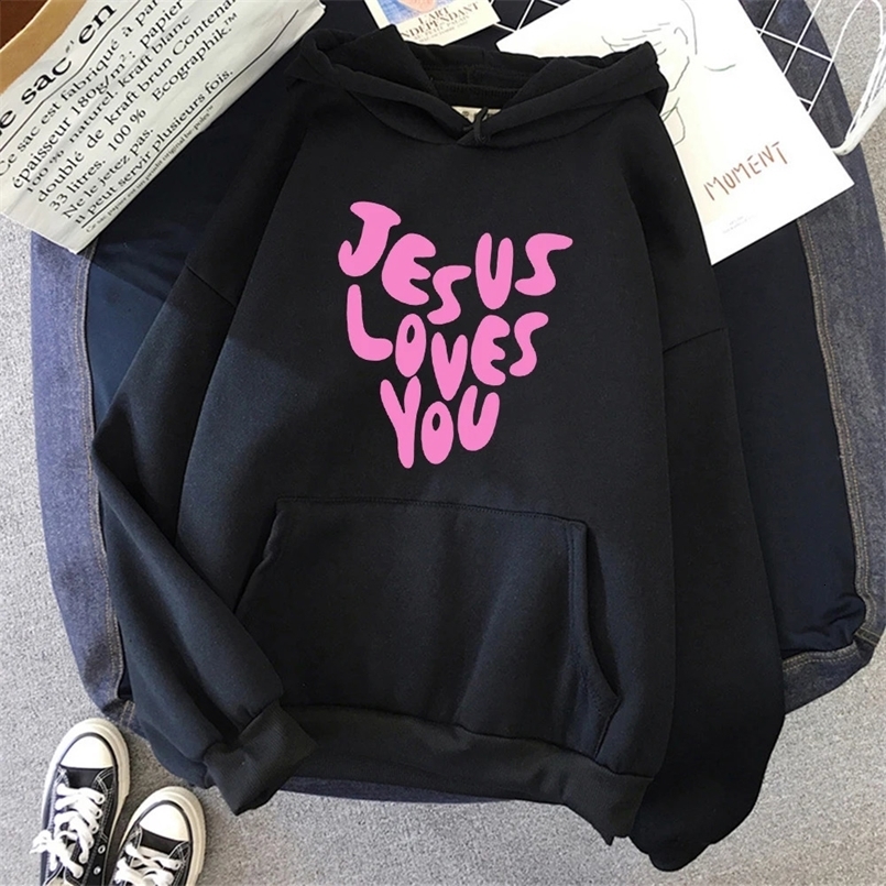 Jesus Loves Me Letter Print Men Women Plus Size Hooded Prevalent Crewneck Sweatshirt Unisex High Quality Comfortable Pullover 240813