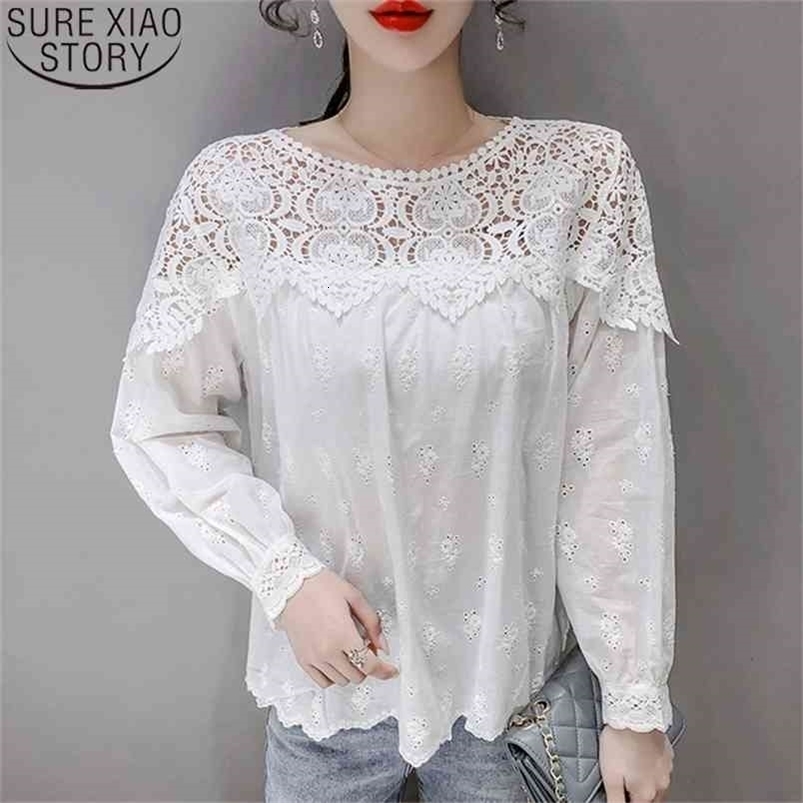 Fashion Women Lace Blouse Hollow Out Tops Spring White Cotton Vintage Clothes Casual O-Neck Blusas 13293 210506
