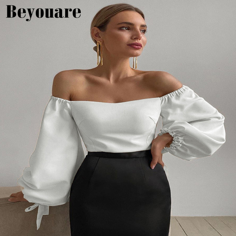 Womens TShirt Beyouare Elegant T Shirt Sexy Slash Neck Lantern Sleeve Bandage Solid White Tops Autumn Casual Slim Office Lady Tee 221129