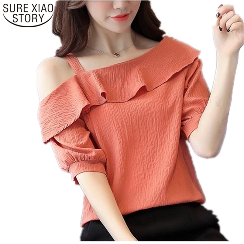 fashion half sleeves sexy Strapless slash neck solid chiffon women blouse summer lotus leaf shirt blusas 123J 30 210506