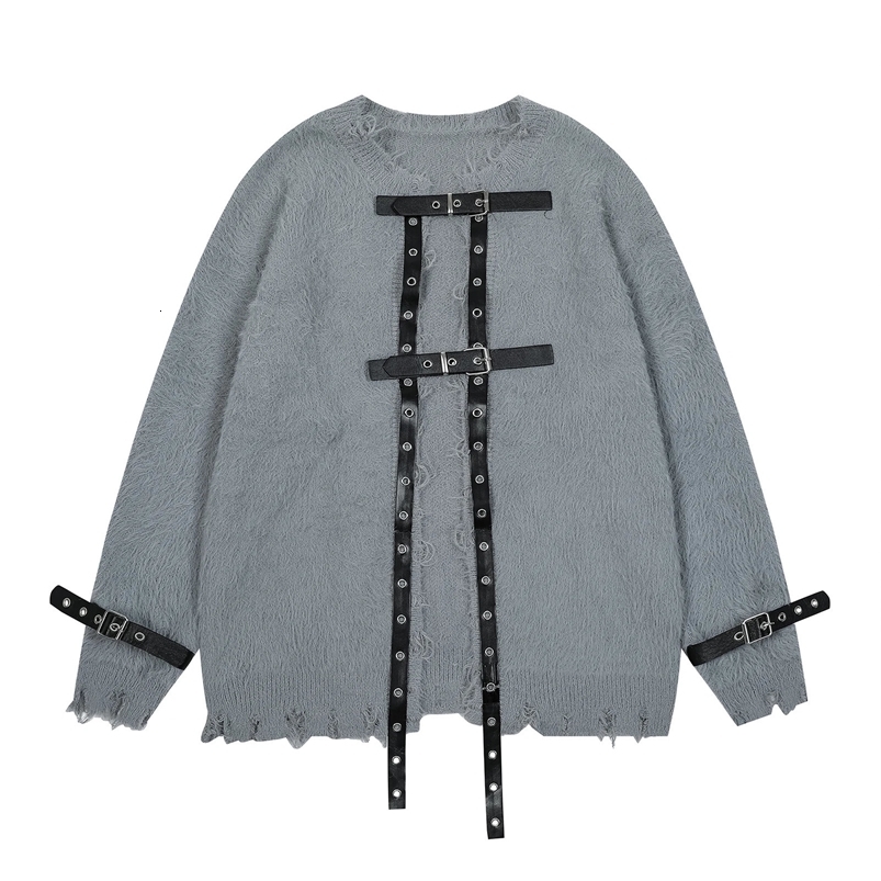 Street wear hip-hop Mohair break knit cardigan belt buckle pocket sweater mens and womens casual knit sweater Y2k 241125