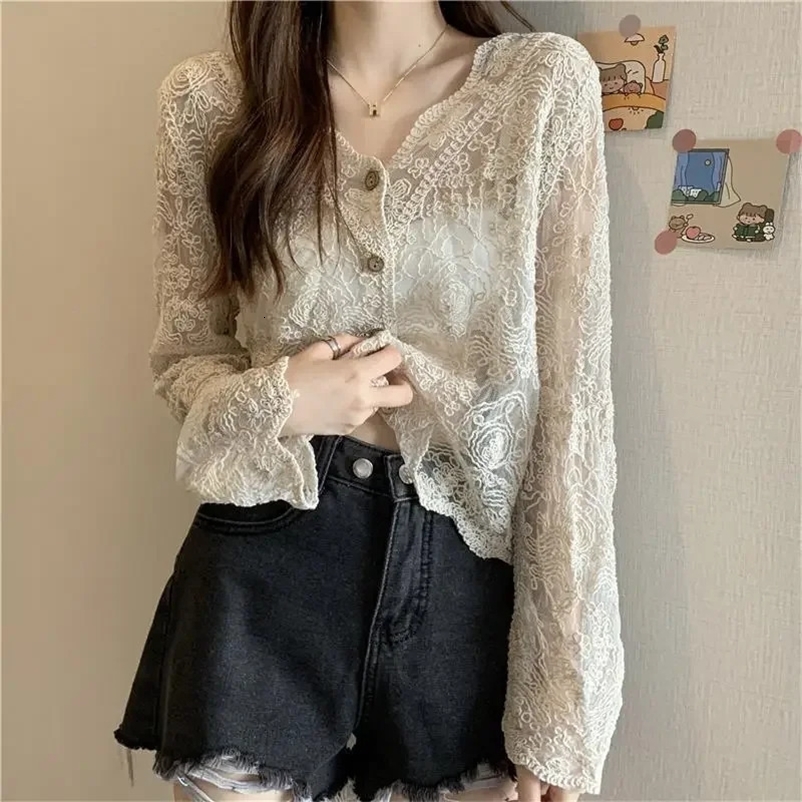 Hollow Mesh Cardigan Knitwear V-neck Solid Lace Long-sleeved Openwork Button Bell Sleeve Top Cover-ups Blouse Women Cardigan 240703