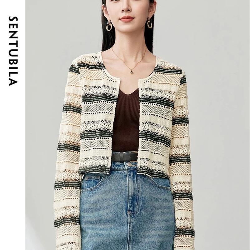 SENTUBILA Striped Hollow Out Cropped Cardigan Coat Spring Summer Round Neck Loose Long Sleeve Tops Woman Clothing 141W53798 240703