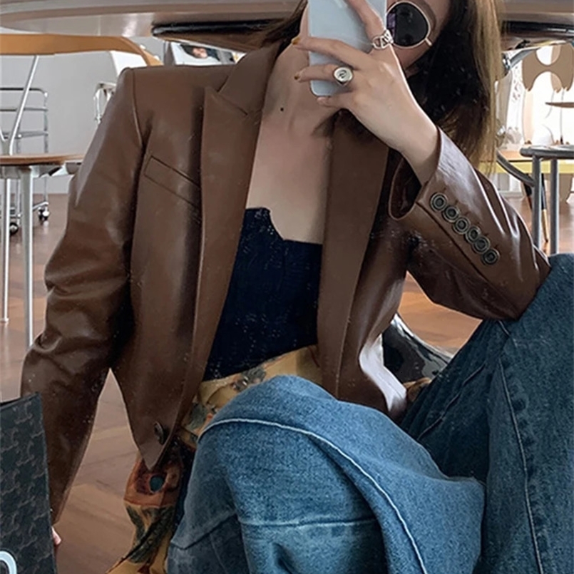 Sapphire Autumn Brown Crop Leather Jacket Womens Long Sleeve Single Button Spring Short Black Soft Light Artificial Leather Jacket 240824