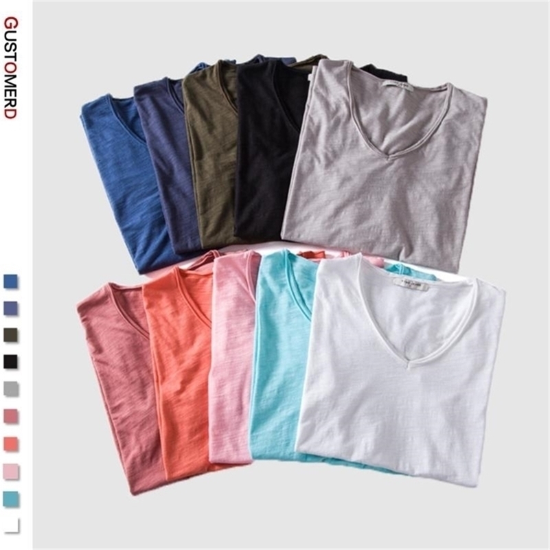 Summer 5 PCS 100% Cotton Soild T Shirt Men V-Neck Short Sleeve Casual Mens T-Shirts Soft Feel High Quality Male Tops Tees 210707