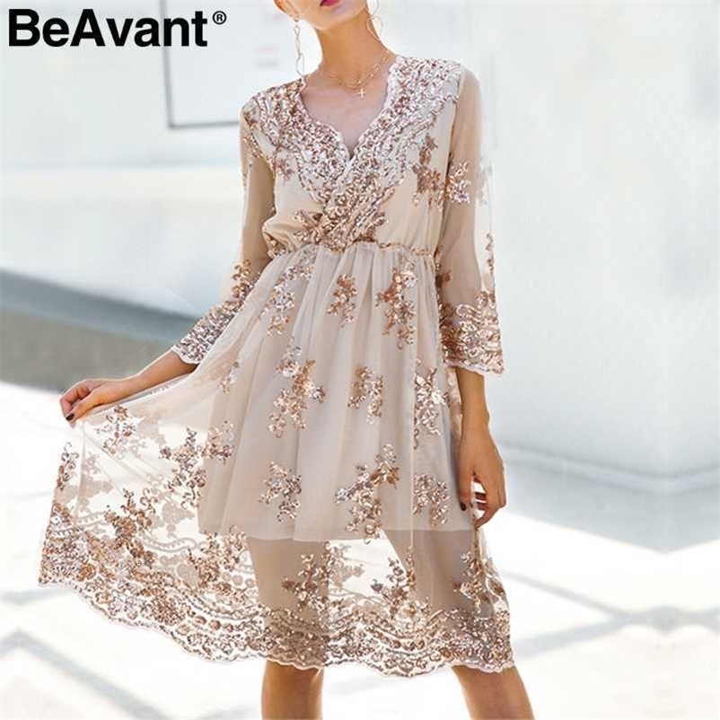 BeAvant gold sequin embroidery summer dress Women deep v neck mesh sexy dress Elegant party dress vestido de festa 210709