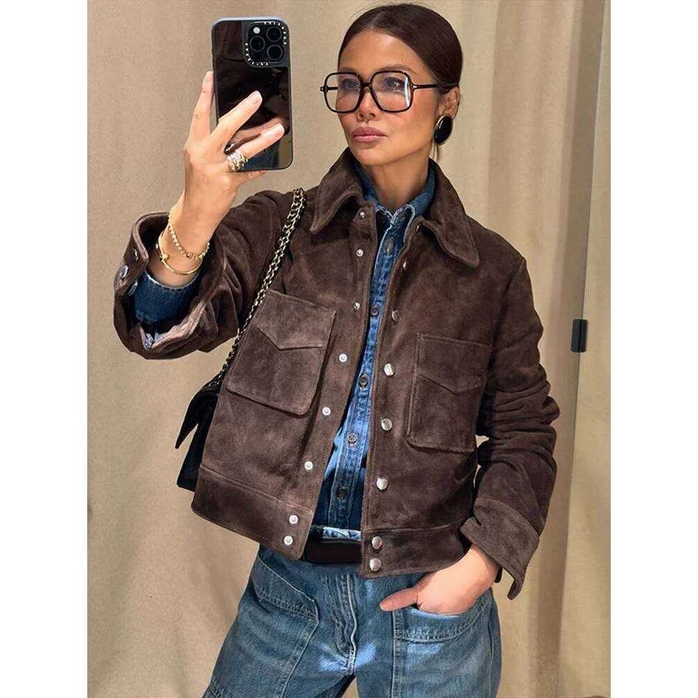 Classic Brown Single Breasted Jacket Women Vintage Suede Lapel Pockets Short Jackets Female Versatile Spring Chic Street Outwear