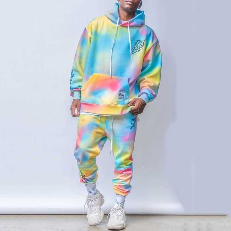 Oversized Tie-dye Sport Men's Hoodies Set Male Hooded Printed Fashion Colorful Tracksuit Men Sweatshirts Suits Size M-5XL 210720