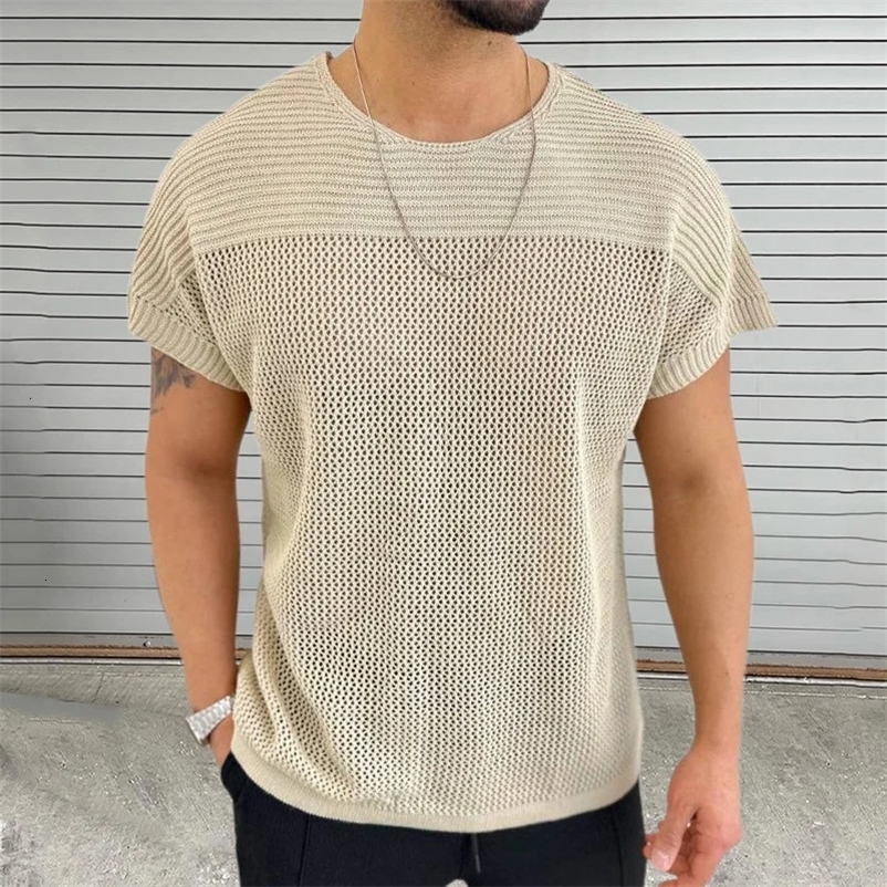 Knitting Hollow Out Breathable Thin T Shirt Mens Summer Fashion Pure Color Knitted T-shirts Men Casual O Neck Short Sleeve Tops 240513