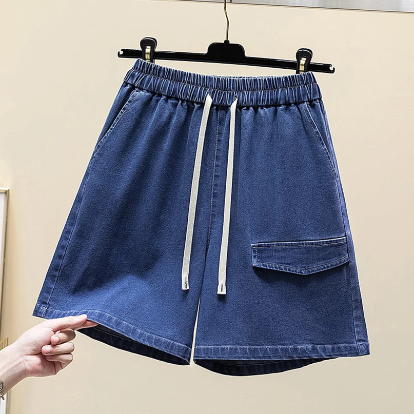 Summer Womens Commute Solid Color Elastic High Waist Drawstring Wideleg Spliced Pockets Loose Casual Straight Shorts 240428