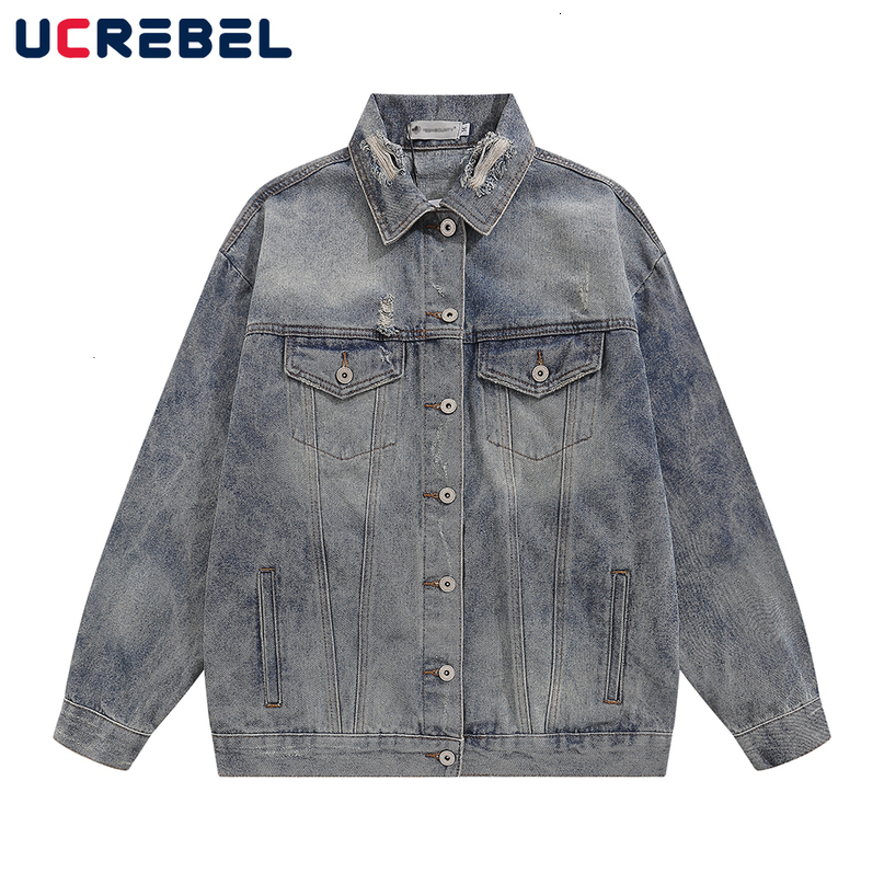 Mens Jackets Vintage Washed Distressed Denim Jacket Streetwear Ripped Hole Single Breasted Casual Outerwear 230809