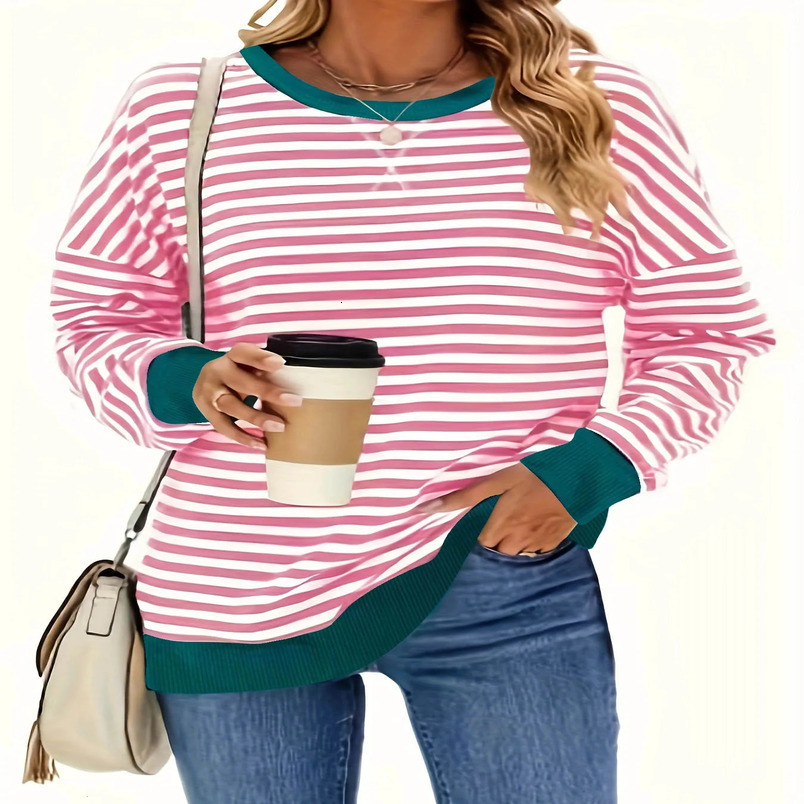 Plus Size Europe And The United States Autumn And Winter Round Neck Striped Loose Long-Sleeved Hoodie Woman 250527