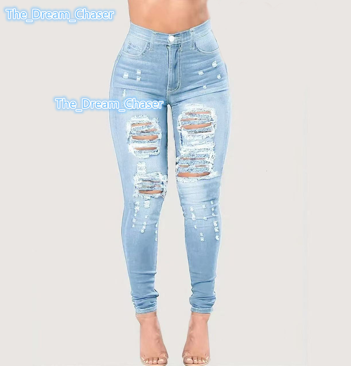 Wholesale Plus Size Womens Casual Stretch Skinny Jeans High Waist Ripped Denim Pants Custom Solid Light Blue Elastic