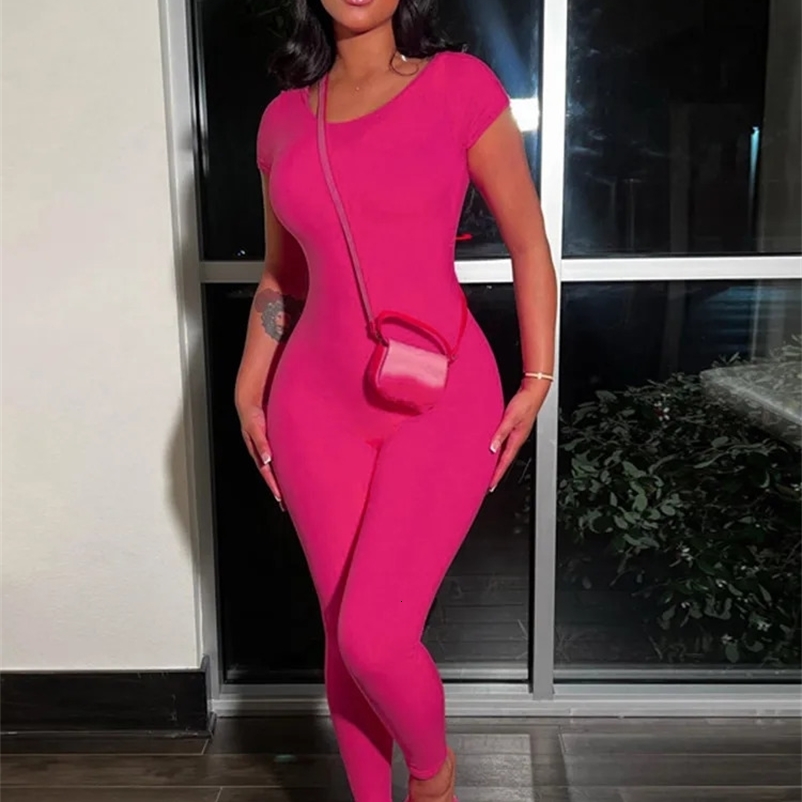 Hugcitar Solid Short Sleeve Backless Sexy Bodycon Skinny One Piece Jumpsuit Summer Women Casual Romper Y2K Streetwear Club 240529