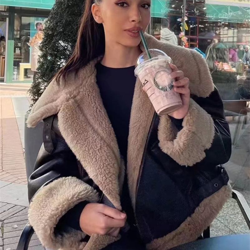 Women's Down Parkas Cashmere Locomotive Jackets Women Loose Long Sleeve Zippers Thick Coats Autumn Winter Vintage Warm Female Short Jacket Coat