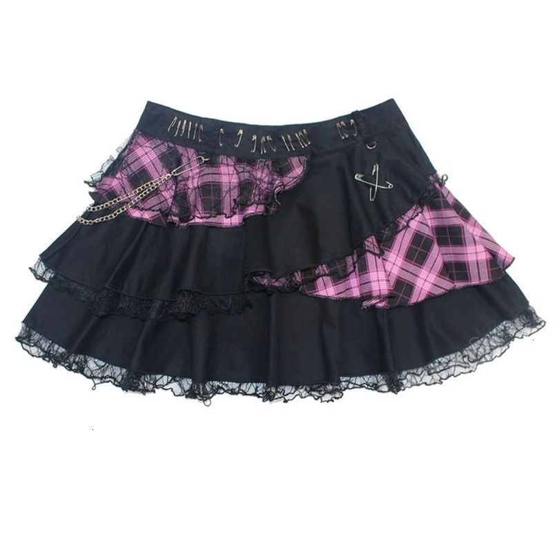 Japanese Lace Kawaii Cake Mini Skirt Pink Plaid Print Patchwork Korean Rock Sweet Harajuku Y2k 2000s Ruffle Skirts 90s 240516