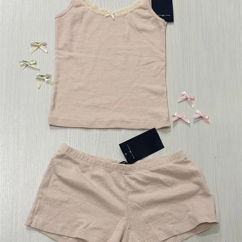 Sweet Striped Pink Vests Shorts 2 Pieces Set Women Slim Lace Trim Tank Top with High Waist Straight Short Pant Cute Bow Sets Y2K 240704