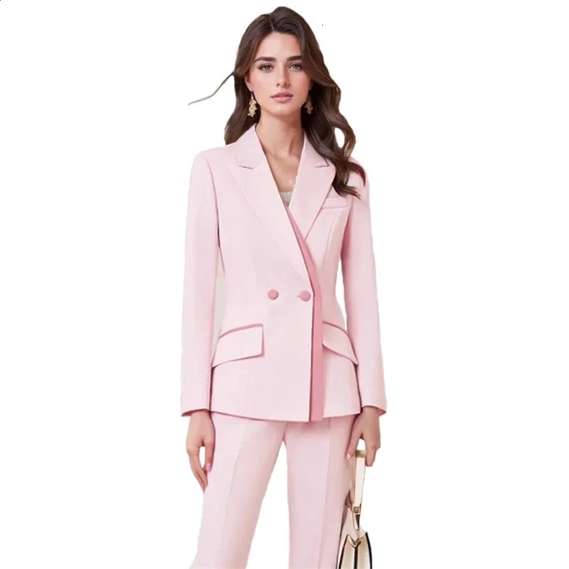 Elegant Ladies Formal Double Breasted Blazer Suit Pants Sets for Women 2 Pieces Trousers Matching Set Jacket Coat Outfit Autumn 241203