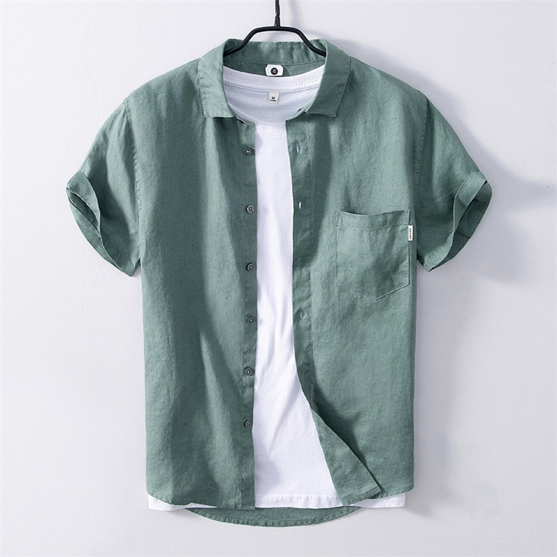 Men's Casual Shirts Short Sleeved Shirt for Men Summer New 100% Pure Linen Tops Male Casual Turn-down Collar Clothing Solid Color Pocket Decora