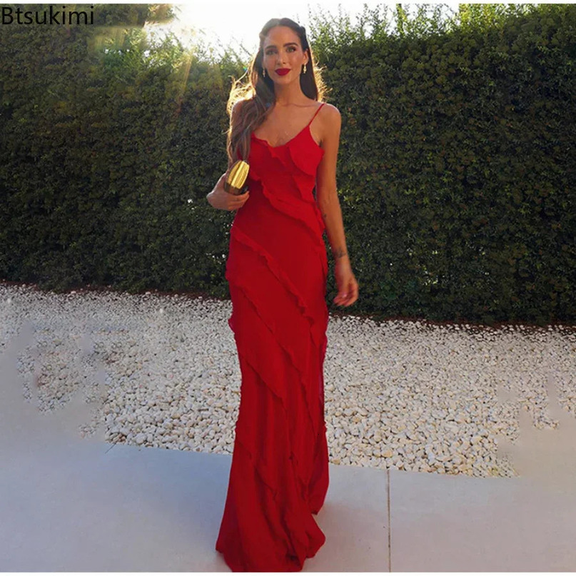 Womens Ruffles Chiffon Maxi Dresses Backlesss Split Sexy Porm Dress Red Long Summer Wedding Party Elegant Vestidos 240615